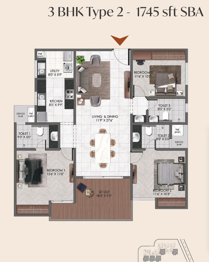 Courtyard by Vedant Suraksha 3 BHK Luxury Floor Plan Type 1